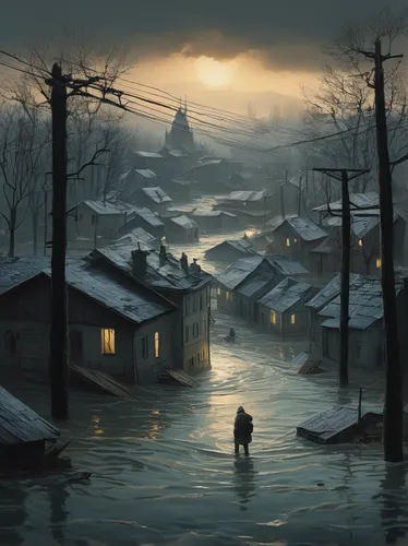 floods,flooded,slums,flood,fishing village,world digital painting,russian winter,post-apocalyptic landscape,backwater,evening atmosphere,winter landscape,slum,flooding,after the storm,floating huts,riverside,winter village,winter morning,rainstorm,human settlement,Photography,Documentary Photography,Documentary Photography 10