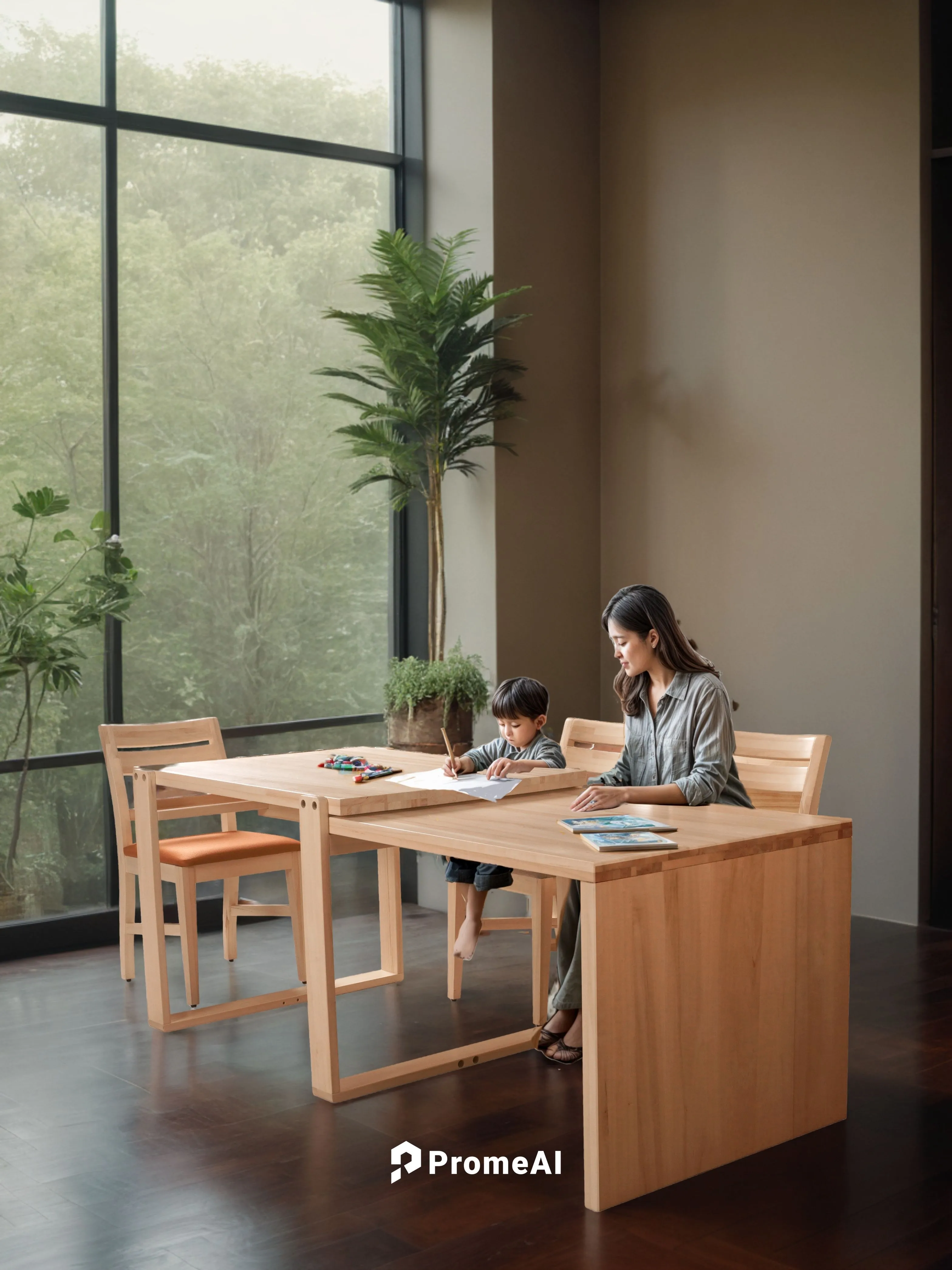 空曠的房間，木製的地板，有擺盆栽,a mother and her child sit at a small table in front of the window,blur office background,modern office,wooden desk,writing desk,apple desk,oticon