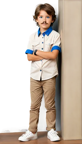 mischief boy, playful facial expression, messy brown hair, bright blue eyes, white shirt with collar popped up, khaki pants, sneakers, holding fake mustache, crossed arms, leaning against wall, casual