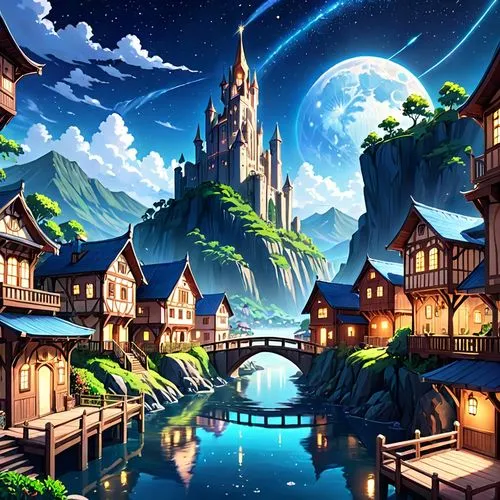 fantasy landscape,fantasy world,fantasy city,fantasy picture,aurora village,3d fantasy,landscape background,knight village,mountain settlement,fairy world,dream world,alpine village,mountain village,world digital painting,mountain world,cartoon video game background,escher village,fantasy art,mountainous landscape,hot-air-balloon-valley-sky,Anime,Anime,General