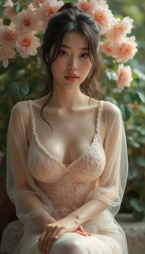 beautiful Thai woman  with perfect big breasts, sitting in front of a bunch of flowers, sexy ao dai, tight sheer shirt, ancient garden behind her, when kindness falls like rain, mid 3 5's female, seam