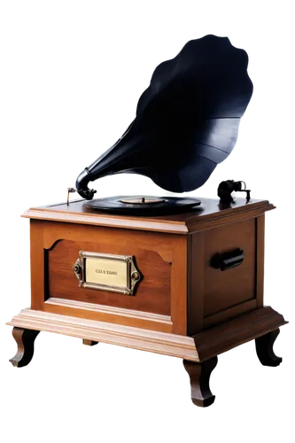 Vintage gramophone, nostalgic atmosphere, old record player, wooden cabinet, brass accents, vinyl record, static noise, warm crackle sound, morning sunlight, soft focus, 3/4 composition, shallow depth