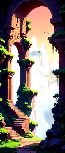 skylands,ruins,chasm,gateway,cliffside,arbor,ravine,overworld,ash falls,ancient ruins,hinterlands,pillars,the forests,canyon,environments,futuristic landscape,retro frame,archway,shader,ancient city,Unique,Pixel,Pixel 01