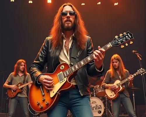 Un hombre alto, de unos 20 años de edad, cabellos largos y lisos de color rojizo, barba, chaqueta de cuero estilo años 1970 y con lentes de aviador, toca la guitarra en frente del público. Él está toc