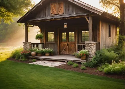 Rustic pole barn house, rural landscape, countryside setting, wooden exterior, metal roof, stone foundation, vines crawling up walls, large windows, sliding glass doors, cozy porch with swing, lantern