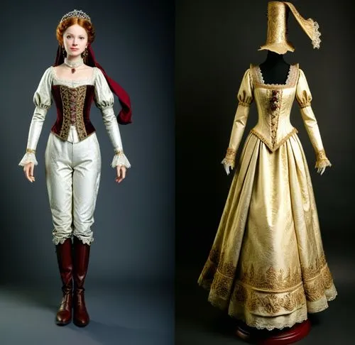 Paper doll one solo medieval noble women in white blouse ,grey tight legging with brown boot on the left standing with a headless faceless fashion mannequin clothing item set of elegant medieval noble