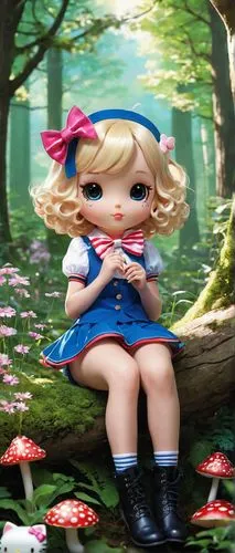 Hello Kitty, elf, girl, pointed ears, slender figure, sparkly eyes, blonde curly hair, pink bow headband, white and red striped shirt, blue miniskirt, knee-high socks, black boots, holding a star-tipp