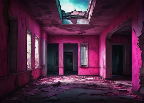 Breast cancer awareness, pink ribbon, architectural structure, distorted building, broken columns, cracked walls, shattered windows, dark shadows, ominous atmosphere, abandoned hospital, deserted corr