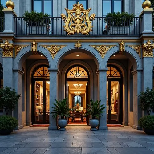 Majestic building facade, Prussian blue accents, golden ornaments, ornate details, intricate stonework, grand entranceways, symmetrical composition, dramatic arches, imposing columns, luxurious materi