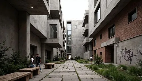 Rough-hewn concrete walls, exposed ductwork, industrial metal beams, brutalist campus buildings, rugged stone pathways, weathered wooden benches, distressed brick facades, raw poured-in-place concrete