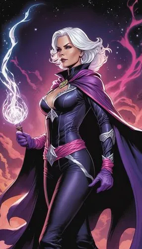 2D Comic portrait of Charlize Theoren as a white haired sorceror in a purple and pink fully-covered outfit, gloves and black cape, casting a spell in the middle of magic world.,an image of the witch w