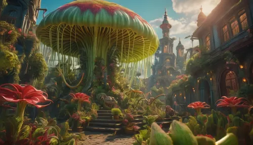 fairy world,fairyland,fairy village,arrietty,mushroom landscape,elves flight