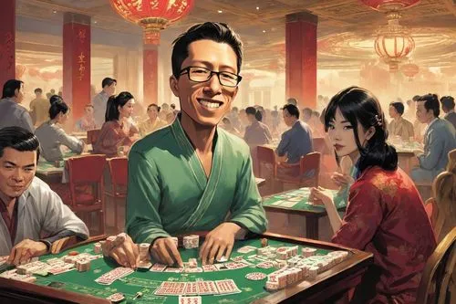 mahjong,gambler,poker,gamble,poker table,chinese background,game illustration,china cny,china cracker,dice poker,dongfang meiren,alipay,yuan,pyongyang,caesar palace,risk joy,card table,asian culture,asian vision,tabletop game,Digital Art,Comic