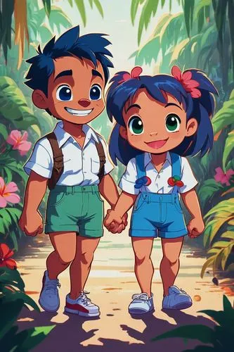 lilo,girl and boy outdoor,island residents,little boy and girl,monkey island,kids illustration,hold hands,polynesia,holding hands,boy and girl,childhood friends,lindos,polynesian,children's background,vintage boy and girl,cute cartoon image,honeymoon,happy children playing in the forest,cuba background,nature trail,Unique,Pixel,Pixel 04