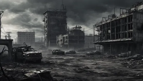 destroyed city,post-apocalyptic landscape,post apocalyptic,apocalyptic,gunkanjima,post-apocalypse,black city,wasteland,stalingrad,fallout4,industrial landscape,war zone,warsaw uprising,industrial ruin,desolation,slums,pripyat,dystopian,lost in war,desolate,Conceptual Art,Fantasy,Fantasy 33