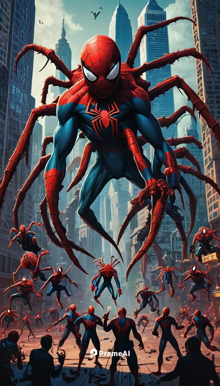 An imaginative illustration of a colossal creature, entirely composed of mini Spider-Man figurines. The creature towers over a cityscape, with each mini Spider-Man attached to the larger one, forming 