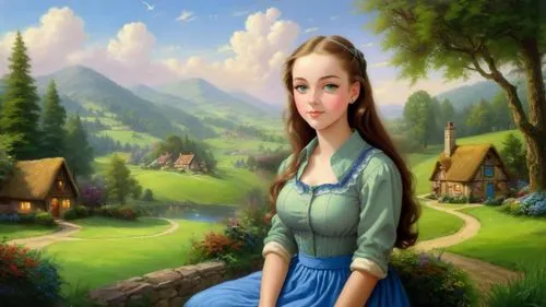 Romantic masterpiece oil painting, cute girl portrait, nostalgic 1950's style kitsch, rolling hills landscape, lush forest village scenery, by Thomas Kinkade, by Bob Ross,landscape background,fairy ta