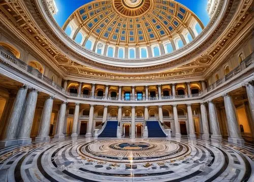 Historic US Capitol Building, iconic central dome, majestic columns, intricate stone carvings, grand staircase, polished marble floors, ornate details, American flags waving, sunny day, blue sky with 