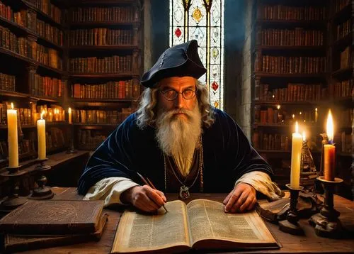 Wizards, study, medieval, mysterious, ancient, dusty, dimly lit, wooden desk, leather-bound books, candles, intricate runes, crystal ball, pointed hat, long white beard, wise eyes, spectacles, velvet 