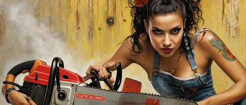 Create a comedic scene where Pochita tries to use a chainsaw for everyday tasks.,circular saw,table saw,miter saw,angle grinder,rivet gun,table saws,power tool,saw blade,chainsaw,car repair,mechanic,c