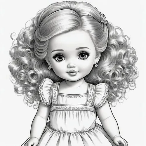 shirley temple,girl doll,chibi girl,doll's facial features,vintage doll,cloth doll,Illustration,Black and White,Black and White 13