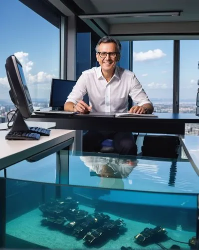 Modern computer architecture expert, middle-aged man, glasses, short black hair, wearing a white shirt, dark blue trousers, black leather shoes, sitting in front of a desk, multiple screens, keyboard,