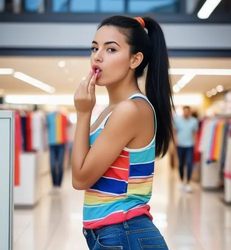 The beautiful Moroccan girl with the black hair in a ponytail is shopping in the mall.  She wears a colorful tank top and short jeans.  On her feet are white sneakers.  And she blows a kiss.,a girl st