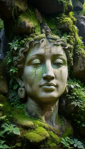 a head is in the middle of a moss covered rock,bomarzo,kailasa,mother earth statue,nitai,ratnagiri,ellora,Photography,General,Fantasy