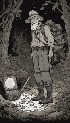 farmer in the woods,woodsman,book illustration,moonshine,forager,geppetto,hiker,gamekeeper,wander,forest man,exploration,the wanderer,foragers,adventurer,game illustration,wishing well,finding,apothecary,swampy landscape,hand-drawn illustration,Illustration,Black and White,Black and White 02