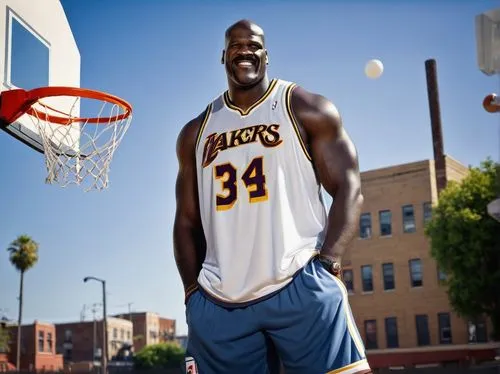 Muscular Shaquille O'Neal, confident smile, shaved head, thick eyebrows, athletic build, sleeveless NBA jersey, loose fit shorts, white sneakers, relaxed posture, leaning against a basketball hoop, ur