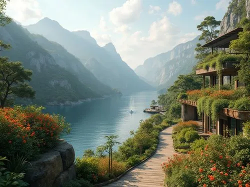 rivendell,hallstatt,fantasy landscape,cliffside,fjord,mountain settlement,fjord landscape,kotor,reine,halong,home landscape,river landscape,gondolin,beautiful landscape,lake lucerne,idyllic,lake lucerne region,seclude,landscape background,house by the water,Photography,General,Realistic