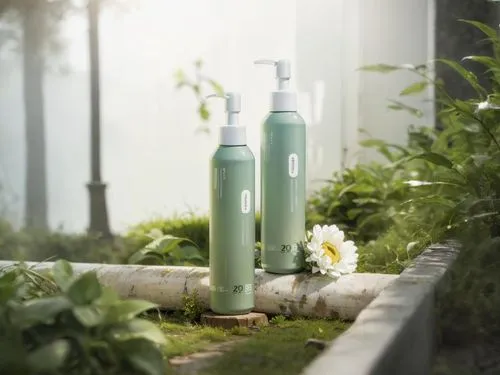 不要生成其他产品，前景清晰，其他不要动,lavander products,vacuum flask,gas bottles,garden dew,glass bottles,garden white,flower essences,glass bottle free,plastic bottles,green summer,plant protection,bubble mist,product