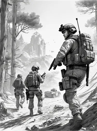 lost in war,infantry,soldiers,patrols,war correspondent,game illustration,combat medic,special forces,french foreign legion,marine expeditionary unit,storm troops,pathfinders,forest workers,second world war,field training,game drawing,battlefield,shield infantry,world war ii,gi,Illustration,Black and White,Black and White 30