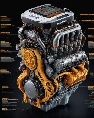 an industrial design sketch (construction plan)of a beautiful Detroit DD15 engine alien advanced concept model, futuristic style with all the data related to its construction, very detailed, beautiful