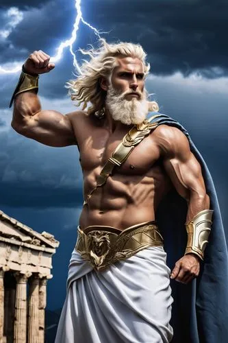 Zeus, god of thunder, muscular male, powerful pose, white beard, long curly hair, blue eyes, golden laurel wreath, white toga, bare chest, strong arms, holding a lightning bolt, dramatic lighting, sto