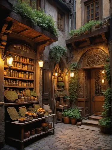 medieval street,herbology,martre,souk,sarlat,medieval market,rothenburg,medieval,dinan,apothecary,medieval town,brandy shop,rothenburg of the deaf,spice market,paris shops,colmar,soap shop,merchant,spice souk,tavernas,Illustration,Paper based,Paper Based 29