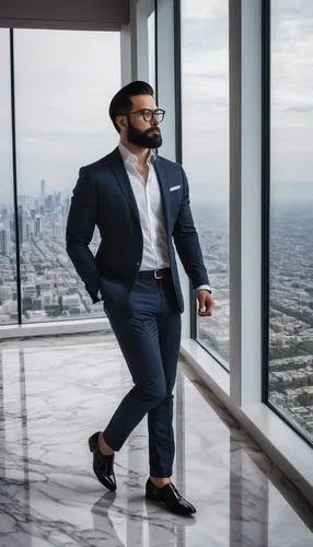 Luxurious, modern, high-end, interior designer, male, 30s, stylishly dressed, black hair, trimmed beard, glasses, holding a coffee cup, standing in front of a massive floor-to-ceiling window, overlook