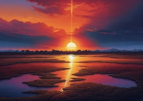 incredible sunset over the lake,landscape background,sunset,volcanic landscape,sun reflection,volcanic lake,unset,lake of fire,mountain sunrise,sun,solar eruption,sunrise,setting sun,lava,alien planet,rising sun,meteorite impact,coast sunset,volcanic,atmosphere sunrise sunrise,Illustration,Realistic Fantasy,Realistic Fantasy 25