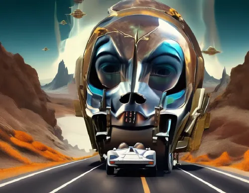 car racing on a highway, eyes of the woman following the car,a car driving down a mountain road with a skeleton head on top of the vehicle,skull racing,rocketeer,mad max,motorstorm,sand road,jugopetro