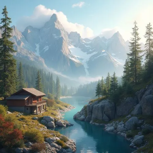 landscape background,fantasy landscape,world digital painting,mountain landscape,alpine landscape,the alps,the cabin in the mountains,mountain lake,beautiful landscape,autumn mountains,mountain scene,high alps,alps,house in mountains,alpine lake,home landscape,mountain settlement,house in the mountains,mountainlake,nature landscape,Photography,General,Realistic