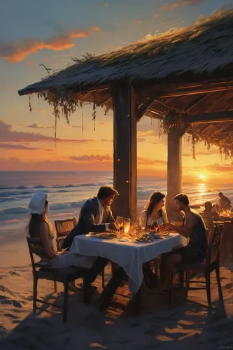 beach restaurant,romantic dinner,beach bar,fine dining restaurant,family dinner,romantic scene,outdoor dining,dining,romantic night,straw hats,a restaurant,long table,last supper,dinner party,candle light dinner,breakfast table,diner,sunset beach,summer evening,christmas on beach,Conceptual Art,Fantasy,Fantasy 12