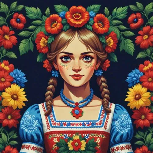 Realistic image of russian girl,a woman in blue dress and floral wreath on her head,russian folk style,ukrainska,girl in flowers,zhvania,belarusian,kalinka