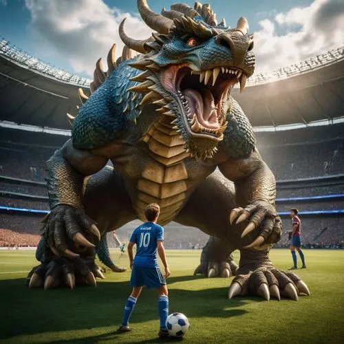 The giant soccer player prepares to face off against the powerful dragon with blue eyes its scales shimmering in the moonlight. The dragon's eyes are fixed on the throne, and its roar echoes through t