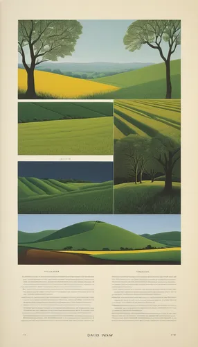 Compose a minimalist catalog with simple descriptions and clean visuals.,travel poster,rapeseed,wheat crops,grant wood,matruschka,wheat fields,wheat grasses,grasslands,green fields,cropland,rapeseed f