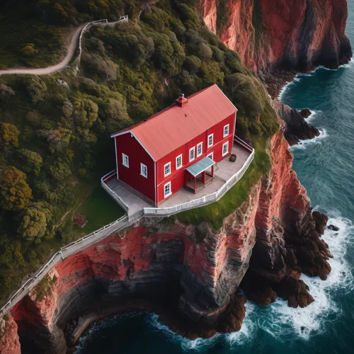 red lighthouse,danish house,norway coast,red roof,red cliff,fisherman's house,newfoundland,norway island,lonely house,miniature house,house in mountains,little house,petit minou lighthouse,summer cottage,red barn,small house,house of the sea,cliffs ocean,fisherman's hut,beautiful home,Photography,General,Cinematic