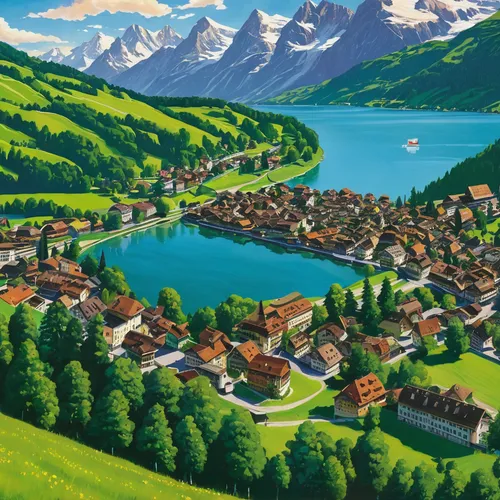 lake lucerne region,bernese oberland,the alps,swiss,switzerland,eastern switzerland,thun,bernese alps,alps,grindelwald,alpine village,mountain village,canton of glarus,high alps,alpine region,switzerland chf,lake thun,ramsau,swiss alps,aurora village,Illustration,Retro,Retro 14