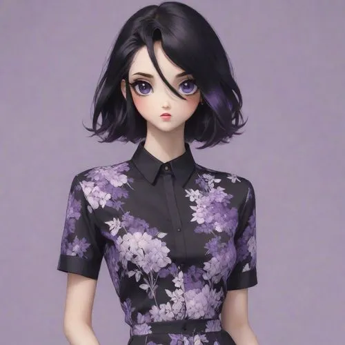 a 3d rendering of an asian woman in purple and black,fashion doll,fashion dolls,anemone purple floral,dress doll,designer dolls,alita