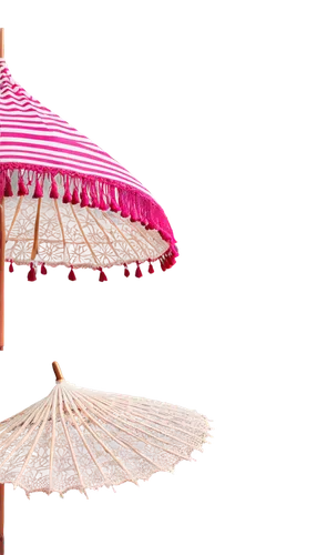 Colorful parasol, round shape, intricate lace details, wooden handle, vibrant pink and white stripes, soft fabric, delicate tassels, hanging from hand, gentle finger grasp, subtle wind blowing, soft f