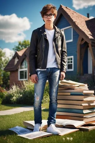 High school, construction trades, engineering, architecture, male student, 17yo, messy brown hair, casual glasses, black leather jacket, white T-shirt, ripped jeans, sneakers, backpack full of books, 