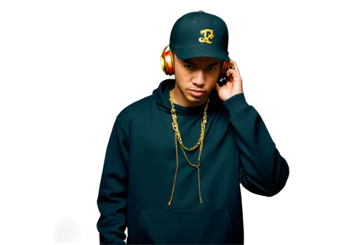 DJ, male, hip-hop style, gold chain, black hoodie, baseball cap, headphones, mixing console, vinyl records, studio setting, dim lighting, low-angle shot, shallow depth of field, warm color tone, cinem